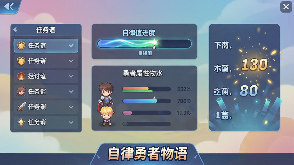 主体:游戏界面中显示自律值进度条与勇者属性面板,左侧为任务清单,右侧为属性加成动画,底部有“自律勇者物语”的UI标识;布局:界面截图的居中展示,信息分区明确;排版:UI设计整洁,数据清晰;风格:现代游戏UI风格,搭配柔和渐变背景;细节:进度条有流动光效,属性数字跳动时有金色粒子特效;画质:高清,干净,无多余元素。