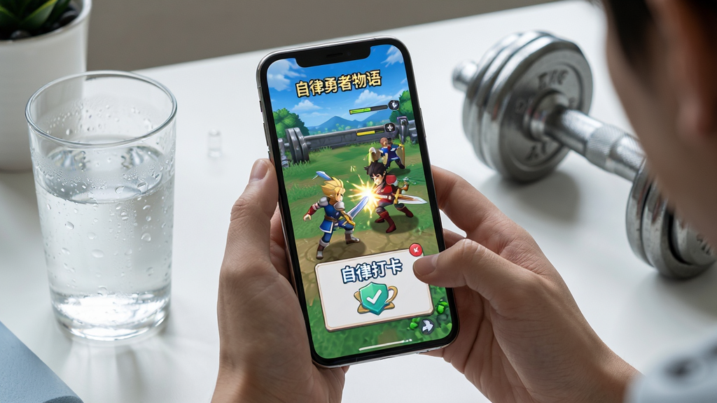 主体:一位玩家正在手机上操作《自律勇者物语》的画面,手机屏幕中显示勇者战斗场景,周围有“自律打卡”的UI窗口,旁边摆放着水杯和哑铃;布局:手机居中,周围有日常物品点缀;排版:生活化场景,自然共存;风格:写实与游戏画面结合,色彩协调;细节:手机屏幕有细腻的游戏画面,水杯上有水珠,哑铃有金属质感;画质:高清,干净,无多余元素。