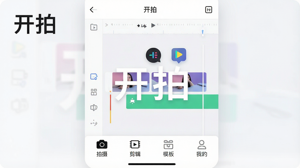 一张展示开拍App主界面的高清截图,界面以简洁明亮的浅色为主调,底部工具栏清晰排列着拍摄、剪辑、模板、我的等主要功能按钮,中央区域展示一个正在编辑的视频时间线,配有浮动特效图标,整体风格现代时尚,画质细腻干净,无多余元素,图片上标注“开拍”字样预览图