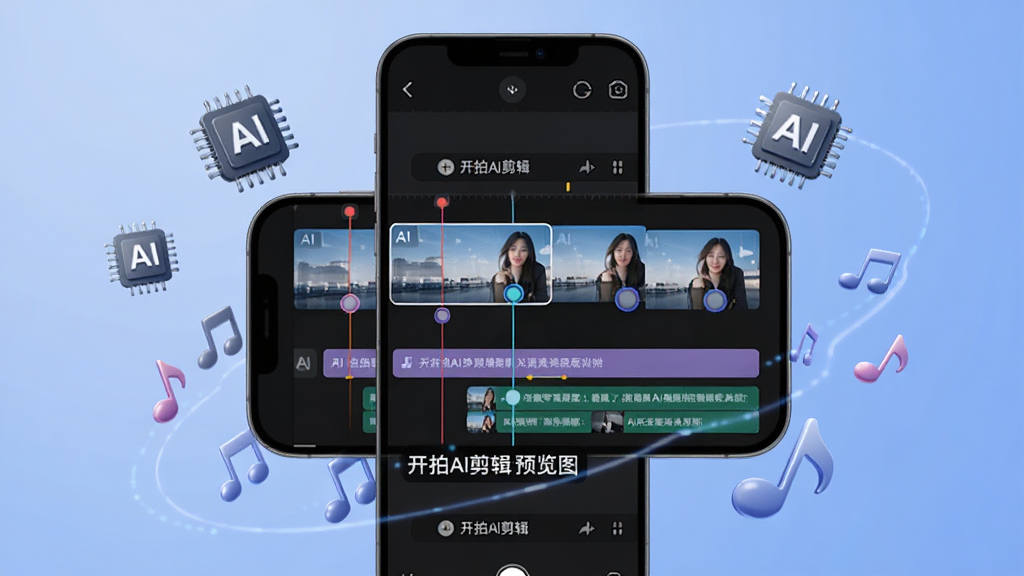 展示开拍AI剪辑功能的使用场景,画面中央是一台智能手机,屏幕上显示AI自动生成的视频时间线,带有智能标记的高光片段和自动字幕轨道,手机周围环绕着飘浮的AI芯片和音符图标,背景为柔和的渐变蓝色,风格科技感十足,画质清晰干净,无多余元素,图片上标注“开拍AI剪辑”预览图