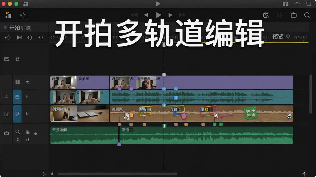 展示开拍多轨道编辑界面的截图,屏幕显示多个彩色轨道分别代表视频、音频、文字和贴纸,时间线上有可拖动的关键帧标记,背景为深色编辑器风格,界面清晰专业,画质锐利,无多余元素,图片上标注“开拍多轨道编辑”预览图