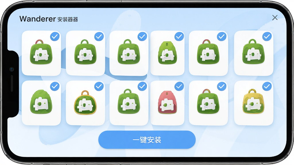 TheWanderer安装器批量管理功能预览,手机屏幕展示多个APK文件图标以网格形式排列,每个文件右上角有勾选标记,底部有“一键安装”按钮,背景为淡蓝色,界面采用卡片式布局,圆角设计,色彩清新,画质高清,无多余元素