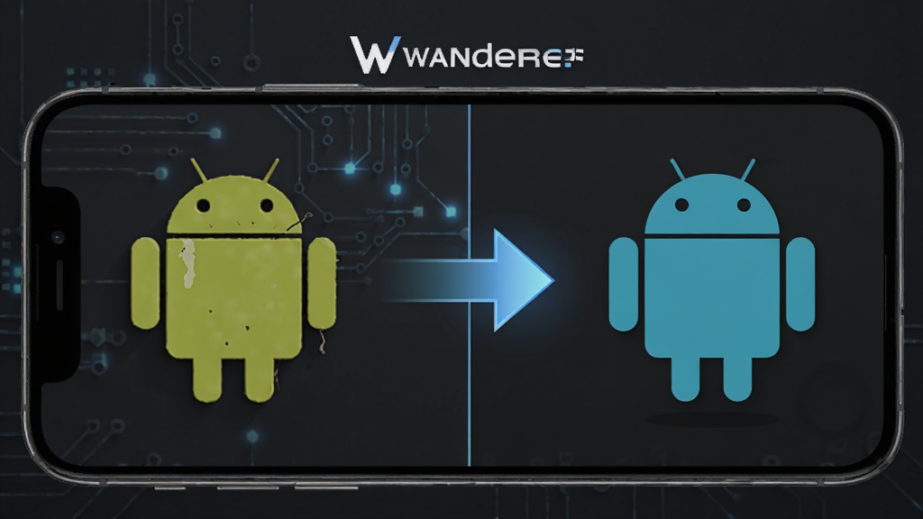 TheWanderer安装器兼容性优化示意图,手机屏幕分为两半,左边显示一个老旧的安卓机器人图标,右边显示一个现代安卓机器人图标,中间有箭头连接,背景为深灰色,突出科技感,画质清晰,排版简洁,细节到位