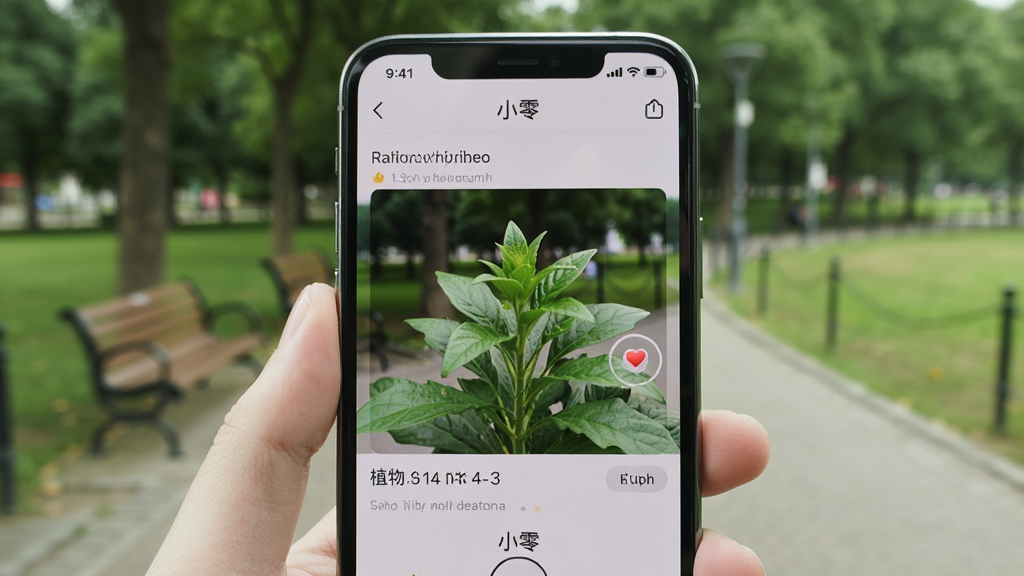 一张手机屏幕特写,屏幕上显示“小零”应用正在识别一株绿色植物的界面,画面中有识别结果的文字描述和植物名称,背景为模糊的公园场景,整体风格写实自然,画质清晰细腻,干净无多余元素。