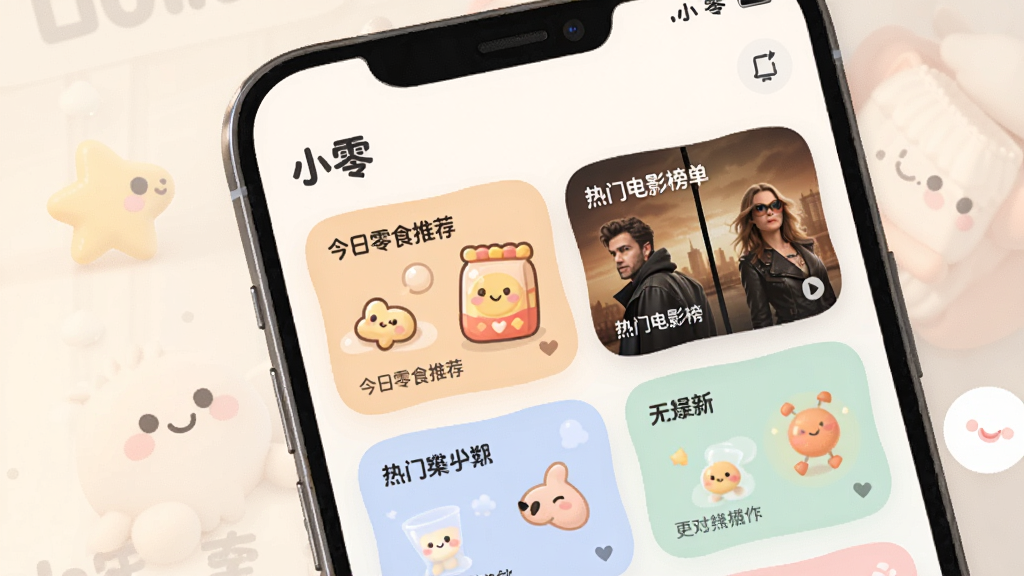 一张手机界面展示“小零”的个性化推荐页面,页面中有多个卡片式推荐内容,如“今日零食推荐”、“热门电影榜单”等,设计风格圆润可爱,色彩柔和,整体氛围轻松愉悦,画质干净清晰,无多余元素。