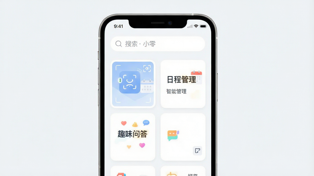 一张展示“小零”应用主界面的高清截图,界面采用浅色系设计,顶部有搜索栏,中部为功能卡片排列,包含“智能识别”、“日程管理”、“趣味问答”等模块,整体布局简洁现代,风格清新明亮,画质细腻干净,无多余元素。