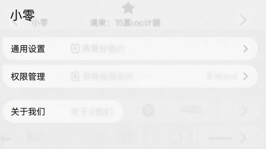 一张展示“小零”应用设置界面的截图,界面包含“通用设置”、“权限管理”、“关于我们”等选项,风格简洁清晰,背景为纯色,画质干净,无多余元素。
