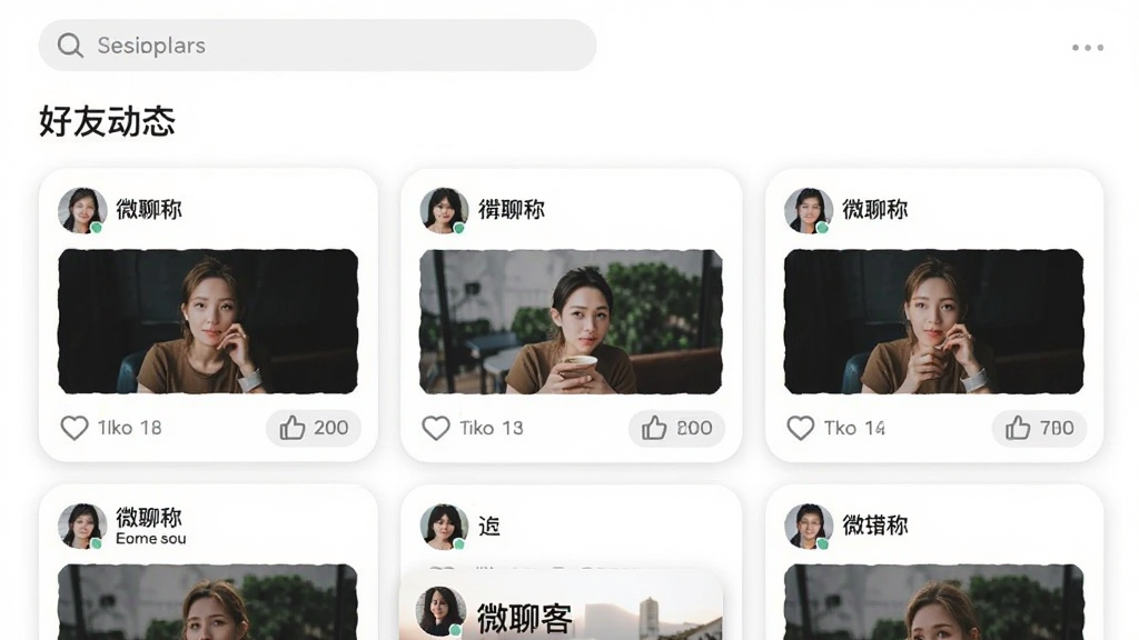 微聊客发现页面预览图,顶部有搜索框和“好友动态”标题,下方是瀑布流形式的图片卡片,每张卡片包含用户头像、昵称、图片和点赞评论按钮,整体以白色为底色,卡片有浅灰色圆角边框,风格清新,布局整齐,画质细腻,无多余元素。