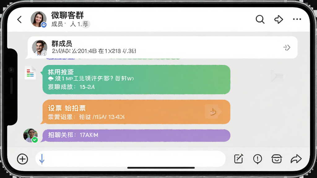 微聊客群组聊天界面,顶部显示群名称和成员人数,下方是群公告栏和聊天消息列表,消息中包含文件和投票卡片,底部有输入框和快捷工具栏,整体界面以浅灰色为背景,消息气泡有不同颜色区分,风格简洁明了,画质清晰,无多余元素。