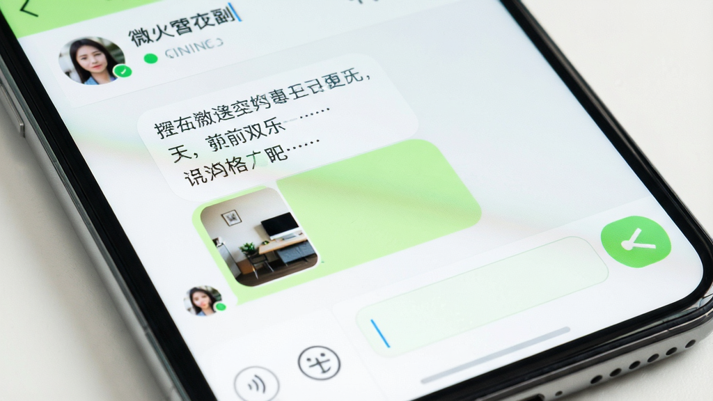 一张微聊客聊天界面的特写截图,左侧为对话气泡,右侧为输入框和发送按钮,气泡内包含文字和图片缩略图,顶部显示联系人名称和在线状态,底部有语音、表情、加号等工具图标,整体配色以白色和浅绿色为主,界面干净明亮,手机屏幕边缘有细微反光,画质细腻,无多余元素。