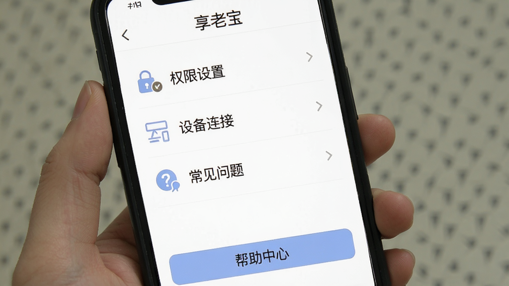 主体为手机截图展示享老宝使用指南界面,有“权限设置”“设备连接”“常见问题”等条目。布局采用列表式,每个条目前有图标。排版清晰,字体大小适中。风格为简洁的UI设计,背景为白色。细节包括顶部有“享老宝”字样,列表下方有“帮助中心”按钮。画质干净,无多余元素。