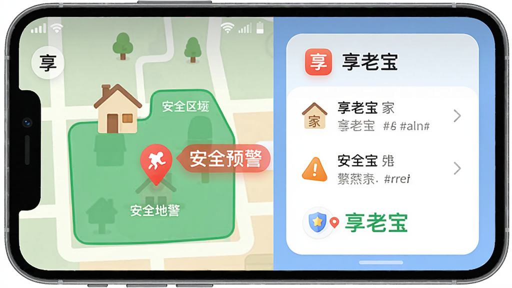 主体为手机屏幕展示享老宝地图定位界面,显示一个绿色安全区域和一个红色警报标记,旁边有“安全预警”字样。布局采用分屏设计,左侧为地图,右侧为预警详情卡片。排版清晰,图标使用圆角风格。风格为扁平化插画风,色彩明快。细节包括手机顶部状态栏显示信号和电量,地图上有个小房子图标代表家。画质干净,无多余元素,突出“享老宝”品牌名。
