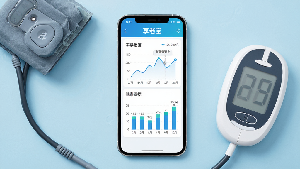 主体为桌面摆放着血压计、血糖仪和手机,手机屏幕显示享老宝健康数据图表界面,图表有折线和柱状图。布局为俯视角,设备与手机呈环形排列。排版干净,数据标签清晰。风格为简洁科技感,浅蓝色背景。细节包括图表上的数字和日期标注,手机屏幕顶部显示“享老宝”字样。画质高清,无多余元素。