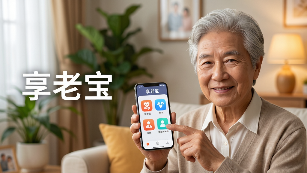 主体为一位面带微笑的银发老人手持智能手机,屏幕显示“享老宝”应用界面,背景是温馨的居家客厅,有绿植和暖色灯光。布局采用中心构图,老人位于画面中央偏右,左侧留白放置文字“享老宝”。排版简洁清晰,界面图标大而醒目。风格为写实摄影风格,画面明亮温暖。细节包括老人手指轻触屏幕上的健康数据图标,脸上露出安心的表情。画质高清,干净整洁,无多余元素。