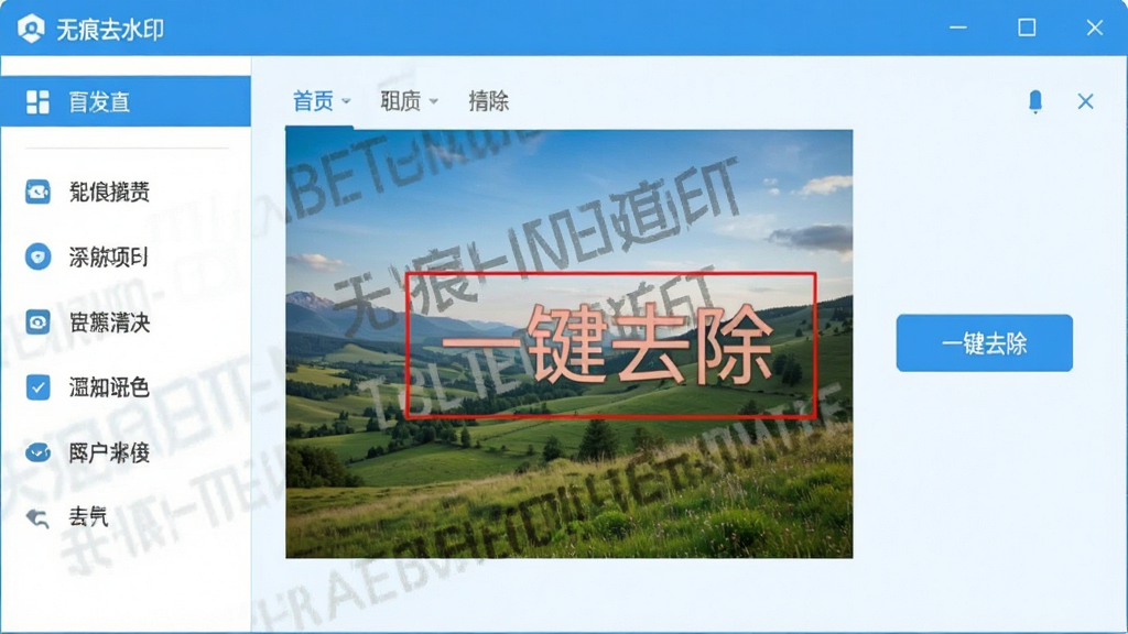 ��������չʾ���޺�ȥˮӡ�����������棬���沼�ּ�࣬���Ϊ���ܲ˵������Ҳ�ΪԤ�����ڣ���������ʾһ�Ŵ���ˮӡ�ķ羰ͼƬ��ˮӡ����ɫ��ѡ�У��Ա��С�һ��ȥ������ť��������������������ɫ��ɫ������ƽ����ƣ������������ɾ��޶���Ԫ�ء�