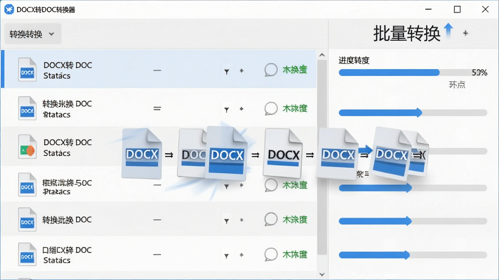 ��������ΪDOCXתDOCת������������ת�����棬����ļ��������б��У�ÿ���ļ�����ת��״̬��ʶ������Ϊ���ҷ���������ļ��б����Ҳ���������Ű����룬����
