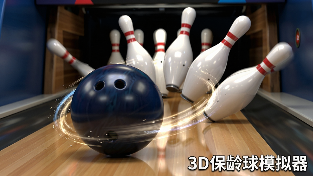 特写镜头展示3D保龄球模拟器游戏画面,一颗保龄球在球道上旋转前进,带出细腻的轨迹特效,球瓶被撞击后四散飞起,画面动感十足,游戏名称