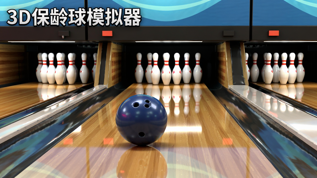 画面中央是一个现代化的保龄球馆,球道光滑反射着灯光,一个3D保龄球正滚动向前,前方球瓶整齐排列,画面左上角有游戏标题