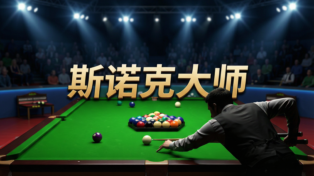 一幅高清的斯诺克大师游戏宣传海报,主体为游戏主界面,背景是灯光璀璨的斯诺克赛场,球台上摆放着三角形排列的彩色球,前景有一位持杆准备击球的选手剪影,画面中央显示游戏名称“斯诺克大师”艺术字,布局采用黄金分割构图,排版简洁大气,风格为写实3D渲染,细节包含球台上的纹理、球的质感以及选手的服装褶皱,画质清晰明亮,干净无多余元素,突出专业台球竞技氛围。