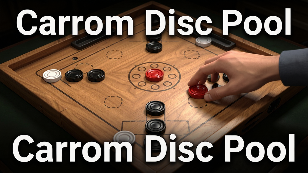 一张高清游戏宣传图,主体为Carrom Disc Pool安装器游戏画面,中央是木纹质感棋盘,黑白两色棋子与红色皇后棋错落有致,布局采用45度俯视视角,展示完整棋盘与玩家手部推射动作,风格写实细腻,光影自然,细节呈现棋子光泽与棋盘纹理,画质清晰干净,无多余元素,图中文字标注“Carrom Disc Pool”