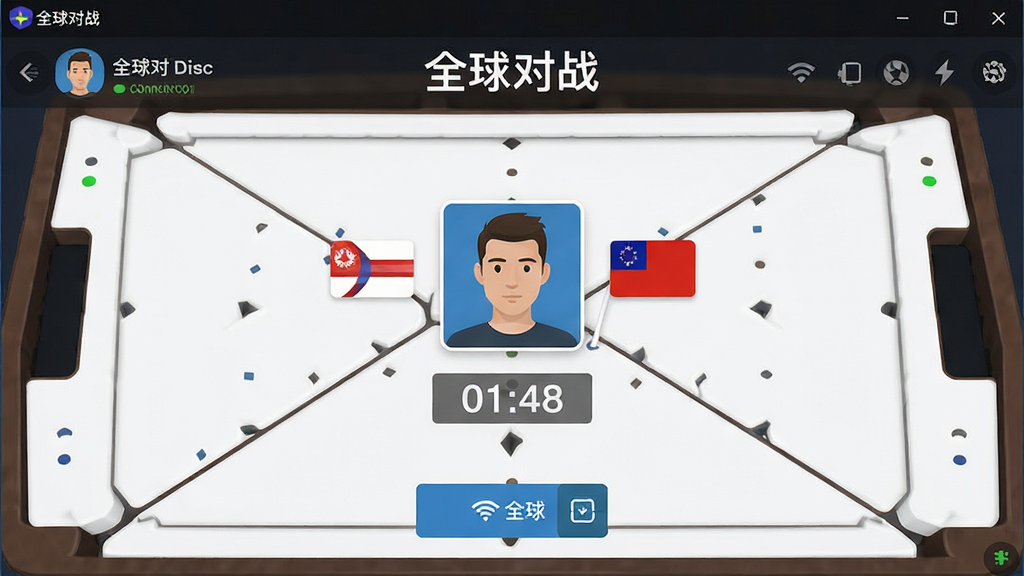 一张全球对战界面截图,主体为Carrom Disc Pool安装器在线匹配界面,中央显示对手头像与国旗,布局采用UI界面风格,清晰展示玩家信息与倒计时,风格简洁现代,细节呈现网络连接状态与按钮图标,画质高清干净,无多余元素,图中文字标注“全球对战”