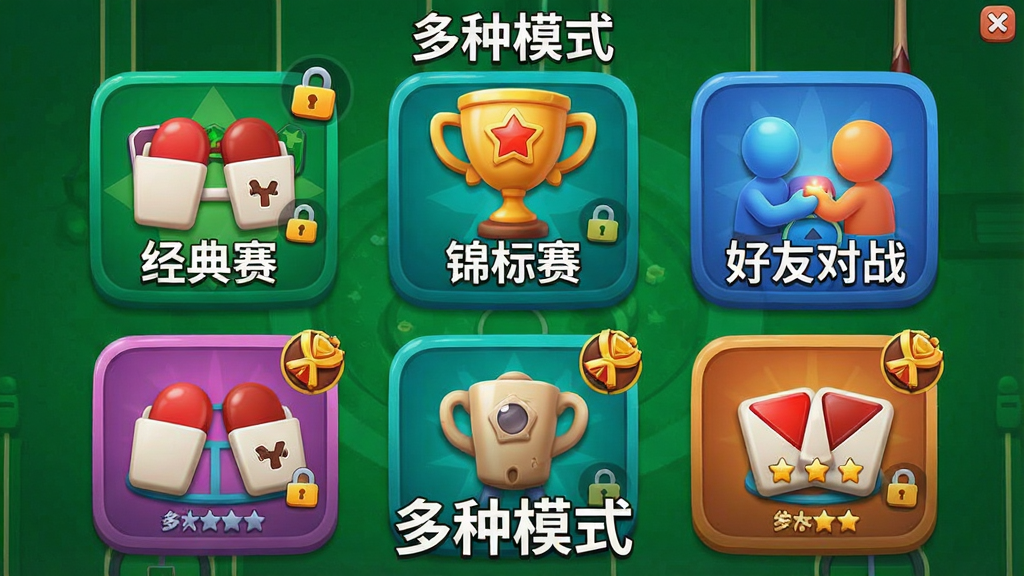 一张游戏模式选择界面,主体为Carrom Disc Pool安装器主菜单,展示多种模式图标如“经典赛”“锦标赛”“好友对战”,布局采用九宫格排列,风格活泼明快,图标立体感强,细节包含解锁状态与奖励标识,画质干净清晰,无多余元素,图中文字标注“多种模式”
