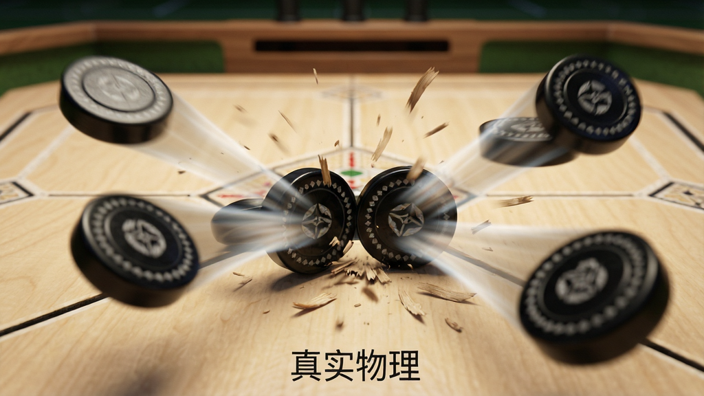一张游戏物理效果展示图,主体为Carrom Disc Pool安装器中棋子碰撞瞬间,多个黑白棋子四散弹开,布局采用微距视角,捕捉碰撞动态,风格写实且具有动感,细节表现棋子运动轨迹与木屑飞溅效果,画质细腻干净,无多余元素,图中文字标注“真实物理”