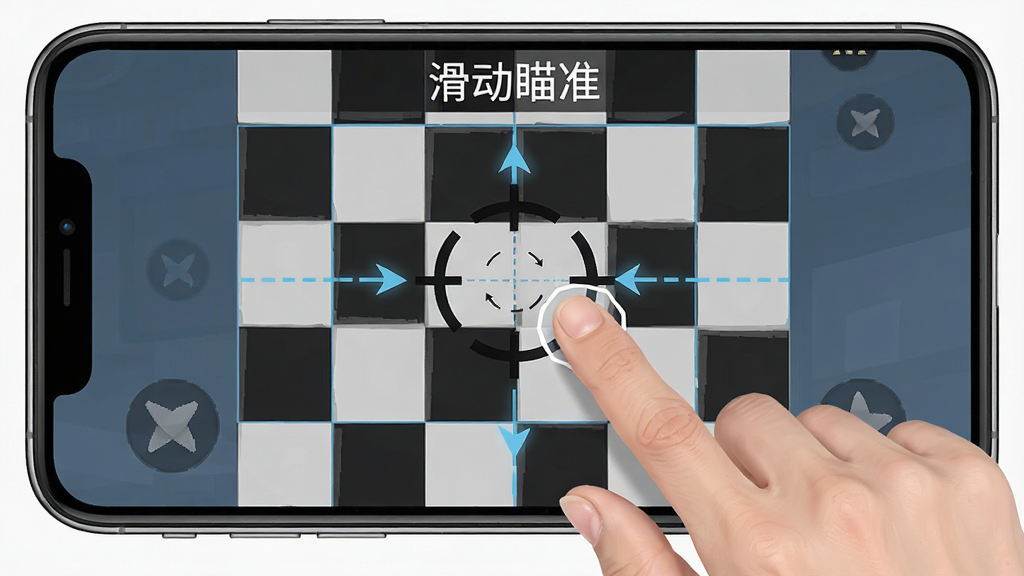 一张游戏操作示意图,主体为手指在手机屏幕上滑动瞄准,棋盘上显示辅助线,布局采用俯视视角,清晰展示手势与屏幕反馈,风格简洁明了,细节呈现手指触控点与箭头指示,画质干净清晰,无多余元素,图中文字标注“滑动瞄准”