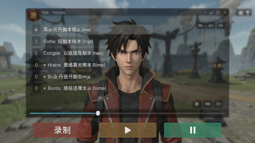 萧炎丹脚本录制界面,展示操作步骤列表与运行控制按钮,背景为半透明游戏界面,底部有录制、播放、暂停选项,风格简洁现代,画质高清,干净无多余元素