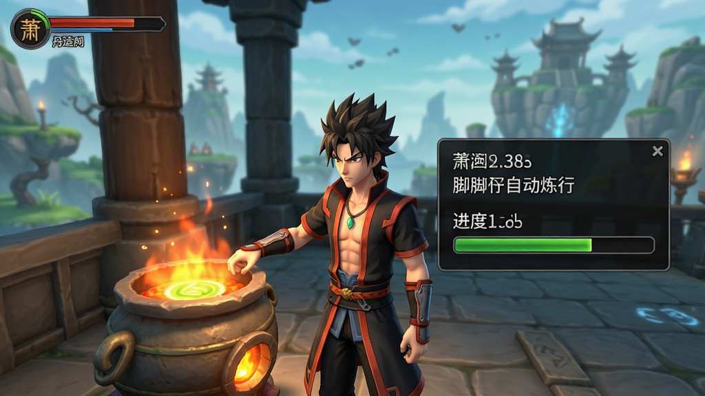 萧炎丹运行截图,展示脚本自动炼丹过程,游戏画面中人物正在操作丹炉,悬浮窗显示当前步骤与进度条,背景为玄幻场景,画质细腻,干净无多余元素