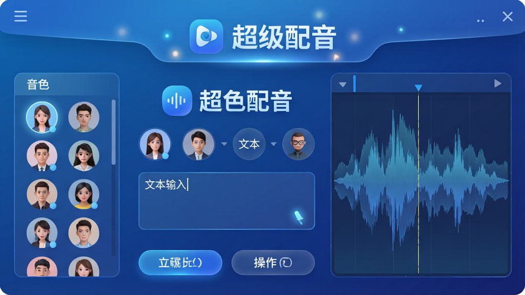 主体:超级配音软件主界面,展示智能配音功能。布局:居中显示软件Logo与“超级配音”品牌字样,下方排列音色选择与文本输入框,右侧展示波形编辑区域。排版:清晰分层,顶部标题栏,中部功能模块,底部操作按钮。风格:现代科技感,蓝色渐变主色调,辅以柔和光效。细节:音色列表包含多种人物头像,文本输入框带有光标闪烁,波形图流畅细腻。画质:高清渲染,干净无多余元素。