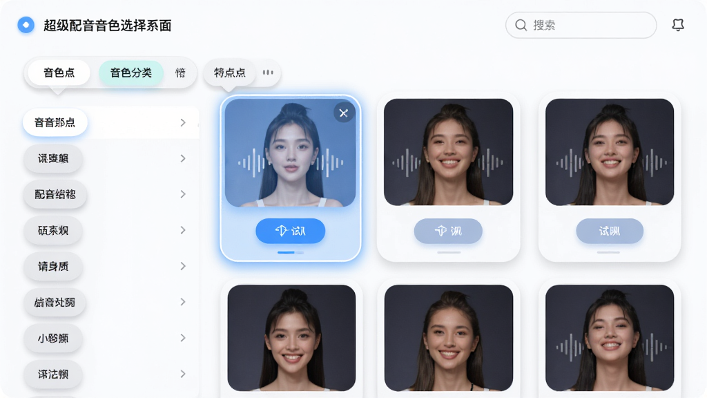 主体:超级配音音色选择界面。布局:左侧为音色分类列表,右侧展示具体音色卡片,每张卡片标注名称与特点。排版:卡片式网格排列,分类标签横向滚动。风格:清新明亮,卡片圆角设计,搭配柔和阴影。细节:当前选中音色高亮显示,卡片底部有试听按钮,界面顶部有搜索框。画质:高清,干净无多余元素。