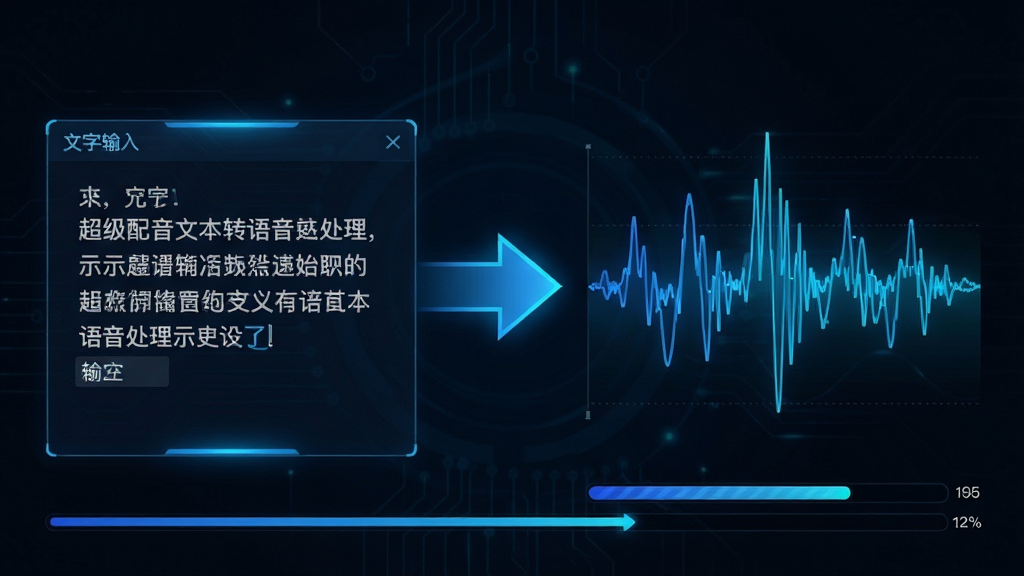 主体:超级配音文本转语音处理示意图。布局:左侧为文字输入面板,右侧为音频波形生成动画,中间以箭头连接。排版:左右分栏设计,箭头醒目。风格:科技感,深色背景搭配蓝色光效。细节:文字面板中有示例文本,波形图动态起伏,底部显示处理进度。画质:高清,干净无多余元素。