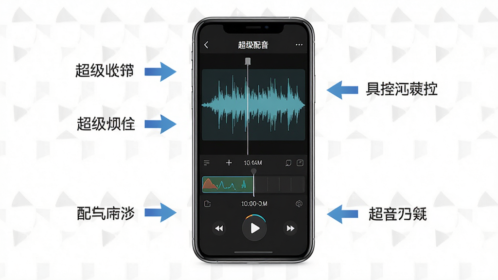 主体:超级配音在手机上运行的截图,展示配音编辑界面。布局:手机居中,屏幕内显示波形编辑页面,周围有操作提示箭头。排版:手机竖向展示,周围留白。风格:写实风格,屏幕内容清晰。细节:屏幕上有“超级配音”标题,波形图、时间轴、播放按钮等元素,旁边配以文字标注。画质:高清,干净无多余元素。