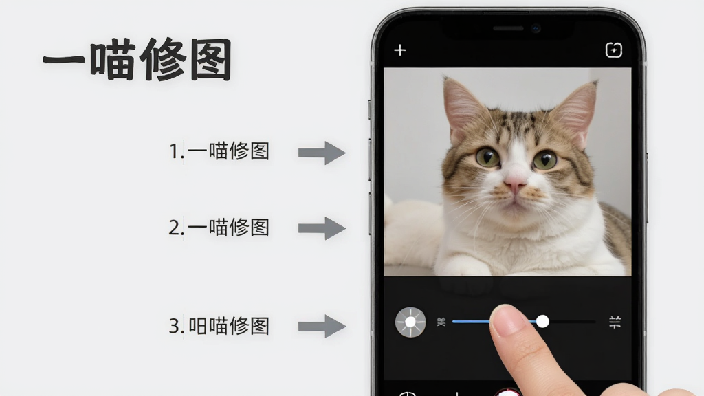 一喵修图使用教程示意图,手机屏幕上展示编辑界面,手指正在滑动美颜滑杆,旁边有步骤指示箭头,背景为浅灰色,带有“一喵修图”字样,高画质,干净无多余元素