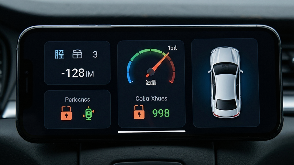 �ֻ���Ļչʾ����״̬����Ǳ��̽��棬����̥ѹ��ֵ������ָ�롢���ſ���״̬ͼ���Լ���������ͼ������������ͼ���������ʾ�����������ɫ���⣬�Ƽ���ǿ�����ֹ����������������޶���Ԫ��
