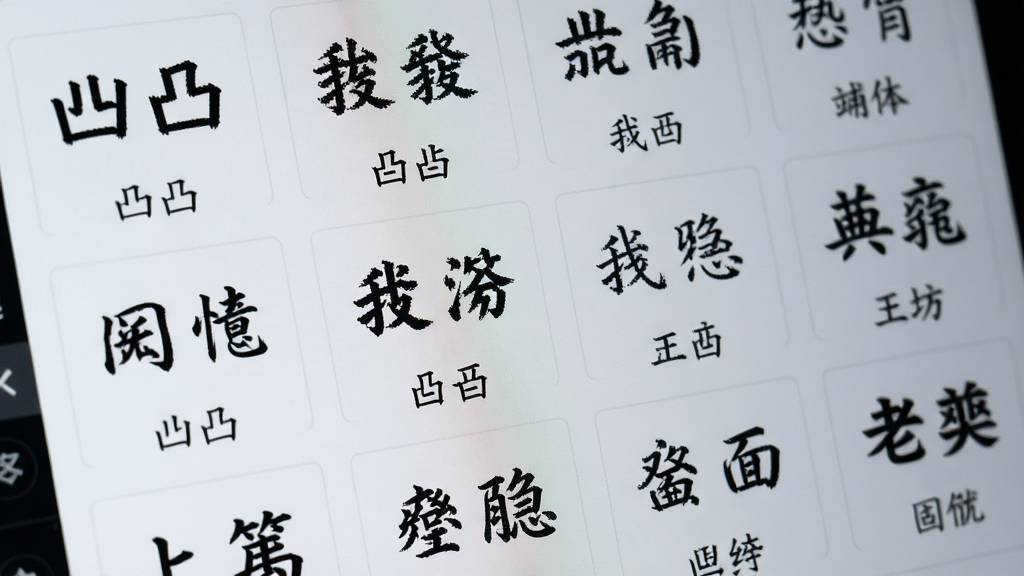 凹凸手写模拟工坊字体选择界面特写,屏幕上以网格形式展示了多种中文手写字体样式,每种字体下方标注名称,界面简洁清晰,背景为浅灰色,突出字体预览效果,整体风格专业且直观,画质细腻,无杂乱元素