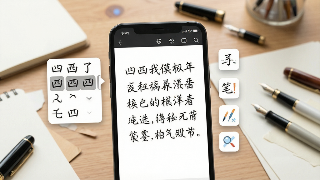 一幅展示凹凸手写模拟工坊核心功能的宽幅场景图,画面中央是一部运行着软件界面的智能手机,屏幕内显示着一段已经生成好的中文手写体文档,旁边悬浮着字体选择、笔迹调节等工具图标,背景是素雅的木桌与纸张、钢笔等文具,整体风格干净明亮,突出软件真实手写模拟效果,画质高清,无多余元素