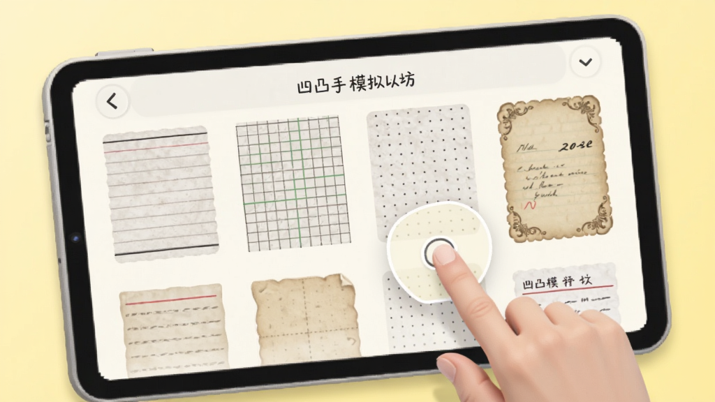 凹凸手写模拟工坊纸张模板选择界面,屏幕上展示了多种纸张样式缩略图,包括横线、方格、点阵和复古信纸,用户正在点击选择其中一种,背景为浅黄色调,画面柔和,突出纸张质感,整体风格清新,画质干净