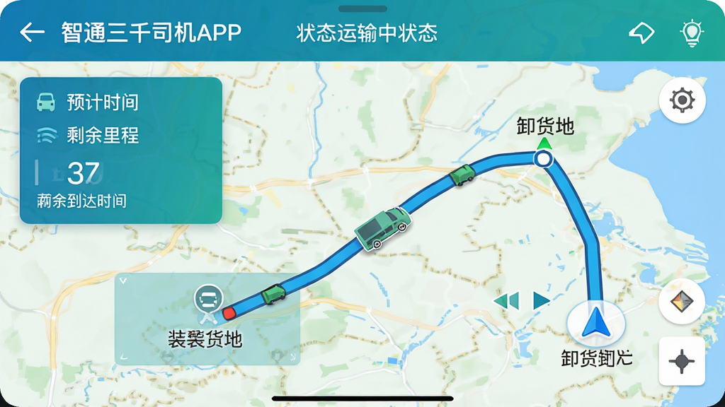 ��������Ϊ��ͼ�������棬·�ߴ�װ�������쵽ж���أ��м��г���ͼ����·���ƶ������涥����ʾ����ͨ��ǧ˾��APP��������״̬������Ϊ��ͼռ�����棬��ม��չʾԤ�Ƶ���ʱ����ʣ����̡��������������ɫ������ɫϵΪ����ϸ�ڰ���·����ɫ����뵼����ʾ��ͷ�����ʸ��壬�޶���Ԫ�ء�
