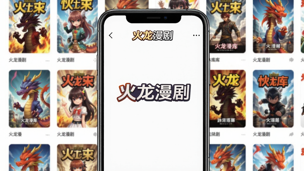 展示火龙漫剧内容库界面,屏幕上陈列着各类漫画封面缩略图,排列整齐,色彩鲜艳,风格为清新明亮的UI设计,主体是手机界面特写,布局居中,细节标注“火龙漫剧”LOGO,画质细腻干净