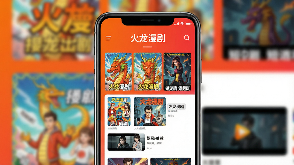主视觉展示火龙漫剧应用界面,手机屏幕内呈现色彩丰富的漫画封面墙与短剧推荐列表,背景为活力橙红色渐变,主体突出,布局居中,排版简洁,现代扁平化风格,细节包含应用名称“火龙漫剧”字样,画质高清干净,无多余元素