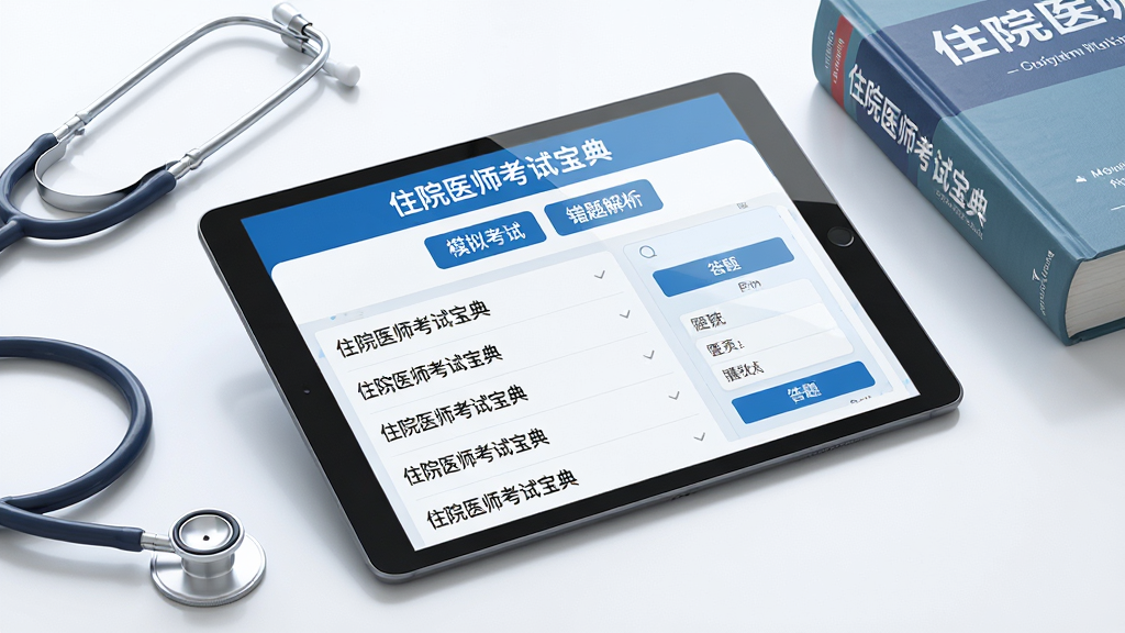主体:住院医师考试宝典软件界面,展示在平板电脑上运行的题库页面,屏幕中有清晰的题目列表和答题卡。布局:居中构图,平板电脑倾斜摆放,周围有听诊器、医学书籍。排版:界面文字清晰可辨,标题为“住院医师考试宝典”,下方有“模拟考试”“错题解析”等按钮。风格:现代医疗科技感,色调以蓝白为主,明亮干净。细节:屏幕反光效果自然,书本边缘有柔和阴影。画质:高清渲染,画质细腻,干净无多余元素。