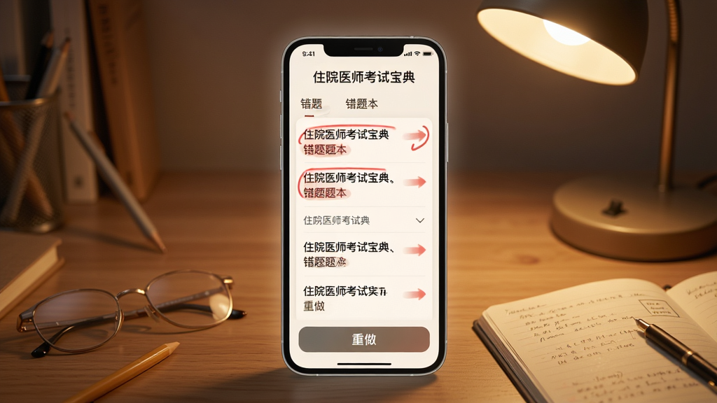 主体:住院医师考试宝典错题本界面,以手机屏幕展示错题列表和“重做”按钮。布局:手机居中,背景为原木色书桌,有台灯照射。排版:列表清晰,每条错题有红色标记。风格:温馨学习氛围,暖色调。细节:手机屏幕有柔光,纸质笔记本可见。画质:高清渲染,画质细腻,无多余元素。