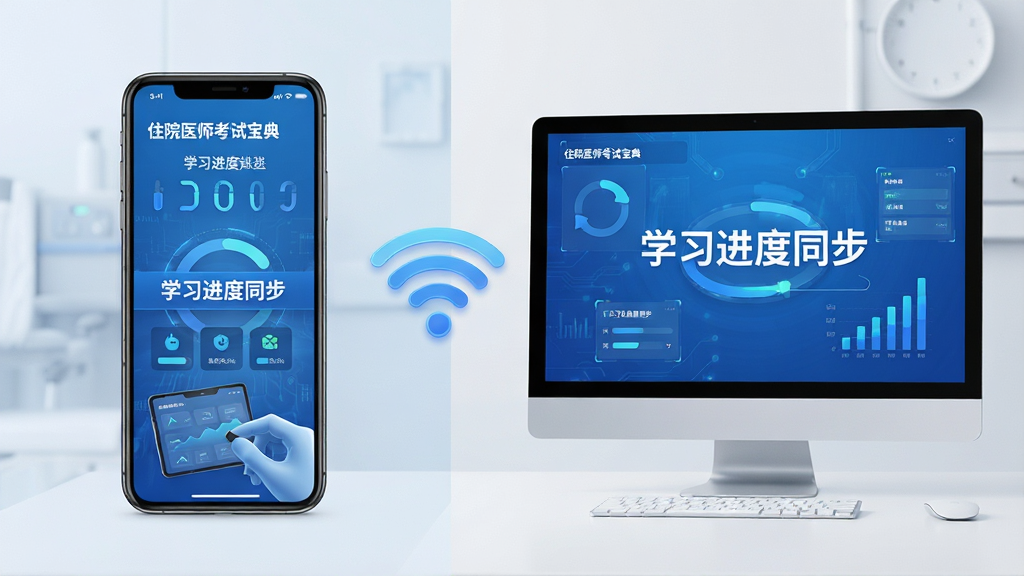 主体:住院医师考试宝典在手机和电脑上同时使用的场景,显示数据同步。布局:左右分屏,左侧为手机,右侧为电脑,中间有无线信号图标。排版:屏幕上有“学习进度同步”字样。风格:科技感,蓝色调。细节:设备屏幕有图案,背景简洁。画质:高清渲染,干净无多余元素。