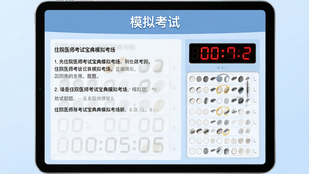主体:住院医师考试宝典模拟考场界面,显示倒计时和答题区域。布局:平板横屏居中,背景为淡蓝色渐变。排版:顶部有“模拟考试”字样,左侧是题目,右侧是答题卡。风格:简洁大方,有正式考试的严肃感。细节:倒计时数字醒目,答题卡有填涂痕迹。画质:高清渲染,画质干净,无多余元素。