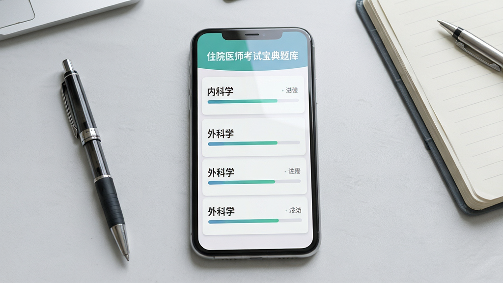 主体:住院医师考试宝典题库界面,以手机竖屏形式呈现,屏幕中显示“内科学”“外科学”等科目列表。布局:手机居中,背景为浅灰色桌面,旁边放置笔和笔记本。排版:界面布局清晰,科目名称以列表形式排列,每个科目旁有进度条。风格:简约扁平化设计,配色清新。细节:手机屏幕有轻微反光,桌面纹理可见。画质:高清渲染,画质干净,无多余元素。