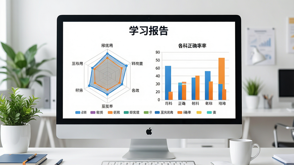 主体:住院医师考试宝典学习报告页面,以电脑屏幕展示雷达图和各科正确率柱状图。布局:屏幕居中,背景为简洁办公室环境,有绿植点缀。排版:图表上方有“学习报告”标题,下方用彩色图例标注各科目。风格:商务科技风,蓝色和橙色搭配。细节:图表数据线条流畅,文字清晰。画质:高分辨率,画质细腻,干净无多余元素。