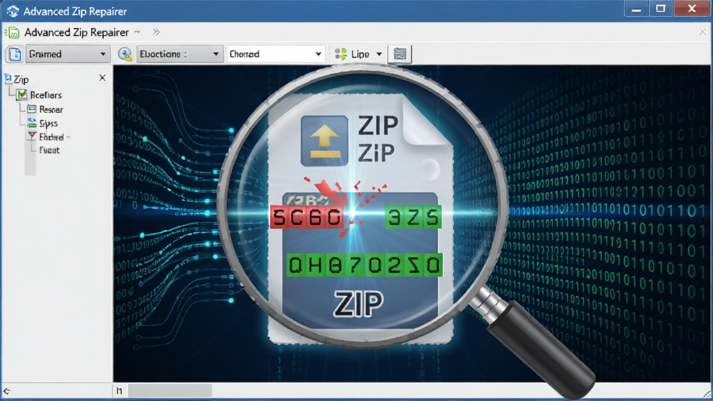 Advanced Zip Repairer �޸����湤��ʾ��ͼ��������ʾһ��ZIP�ļ����Ŵ�ɨ�裬�𻵵��ֽ��ú�ɫ��ǣ��޸�����ֽ�����ɫ��ǣ��������������Ͷ����ƴ��룬���Ƽ���ǿ�����־��У�ϸ�ڷḻ�����ʸ��壬�ɾ��޶���Ԫ��
