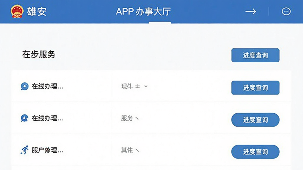 政务办事界面,主体为“雄安”APP的办事大厅页面,布局以列表形式展示各项服务,排版简洁,风格商务简约,细节包含“在线办理”、“进度查询”等按钮,文字标签清晰,画质干净,无多余元素